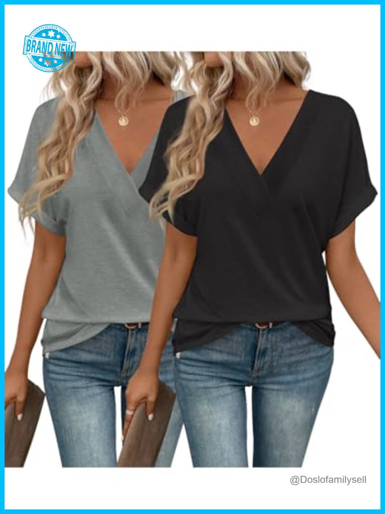 2-Pack V-Neck Short Sleeve Tees Casual T-Shirts For Women
